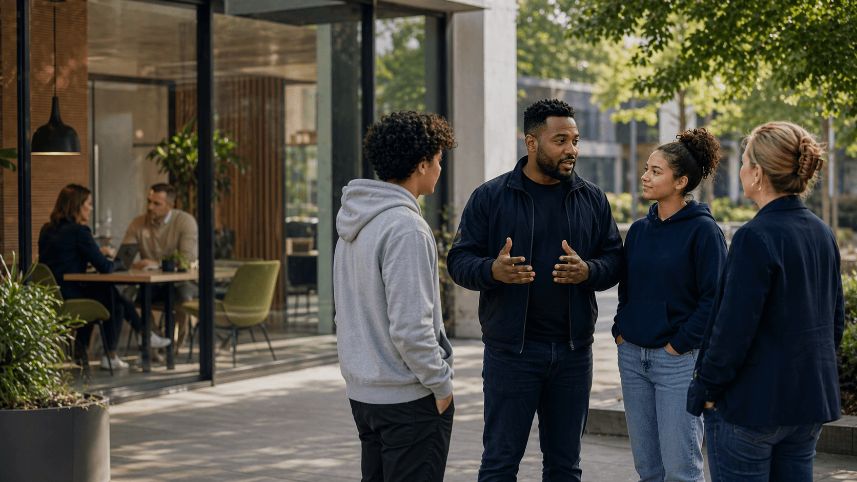 Samenwerkende professionals en jongere in een moderne begeleidingsomgeving