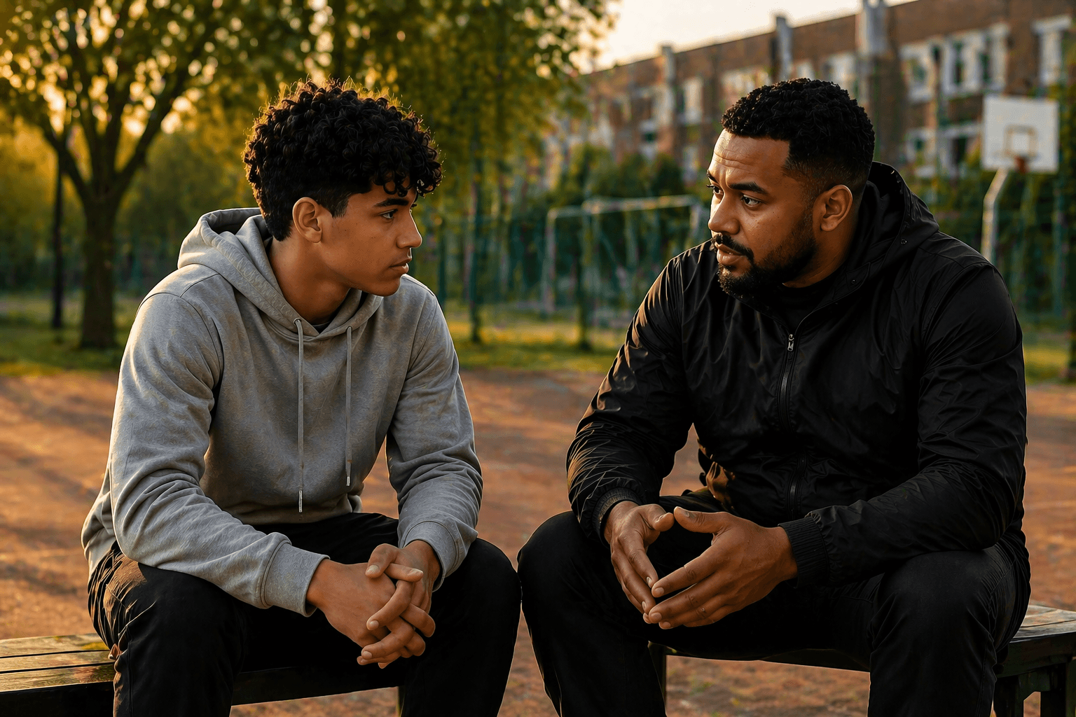 Begeleider en jongere in gesprek op een bankje