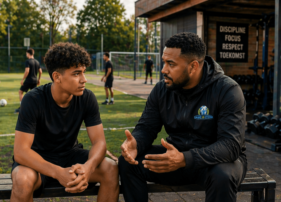 Twee jongeren in een sportieve setting