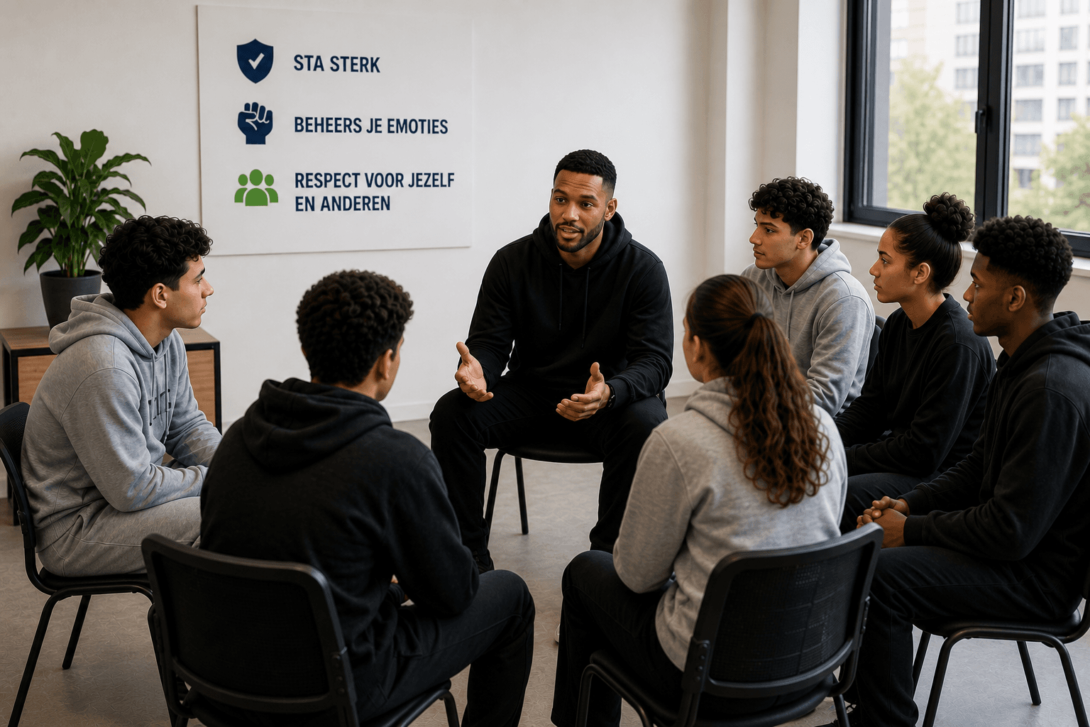 Groepsbegeleiding met jongeren in een trainingsruimte