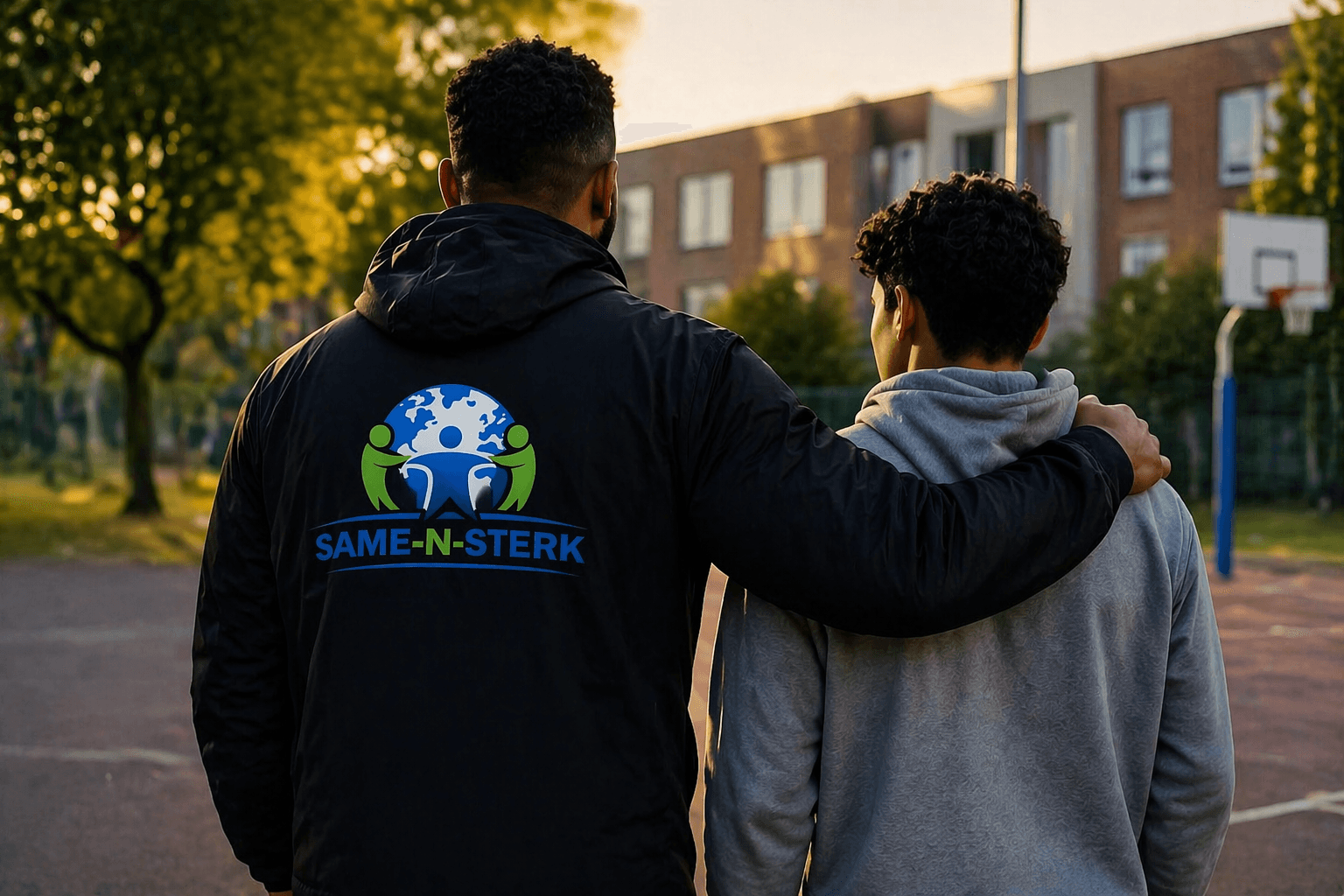 Twee jongeren met Same-N-Sterk jas, gezien van achteren