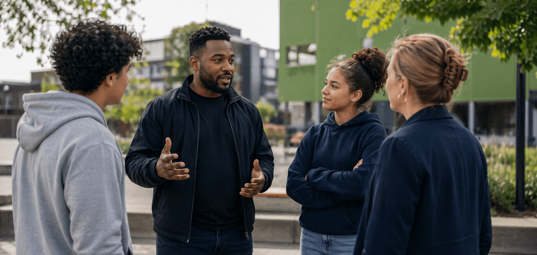 Jongerencoach in gesprek met jongeren en een professional bij een schoolomgeving